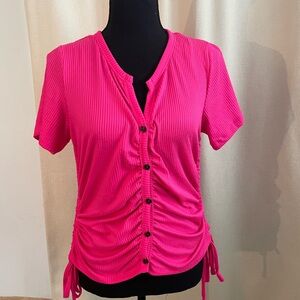 Hot Pink Top with fake Buttons down the front and 2 gathering ties on both sides
